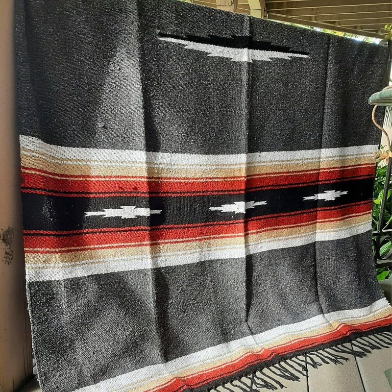 Open Road Goods Charcoal Black Mexican Yoga Blanket - Thick Diamond with Vintage Retro Serape Red Tan Brown and White Stripes - Image 5